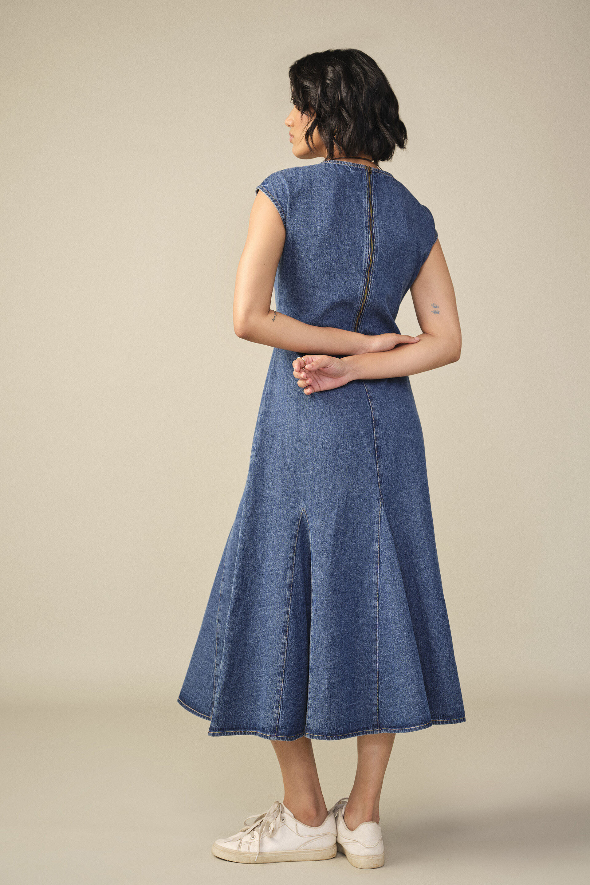 Godet Denim Dress in Blue, Blue, image 6